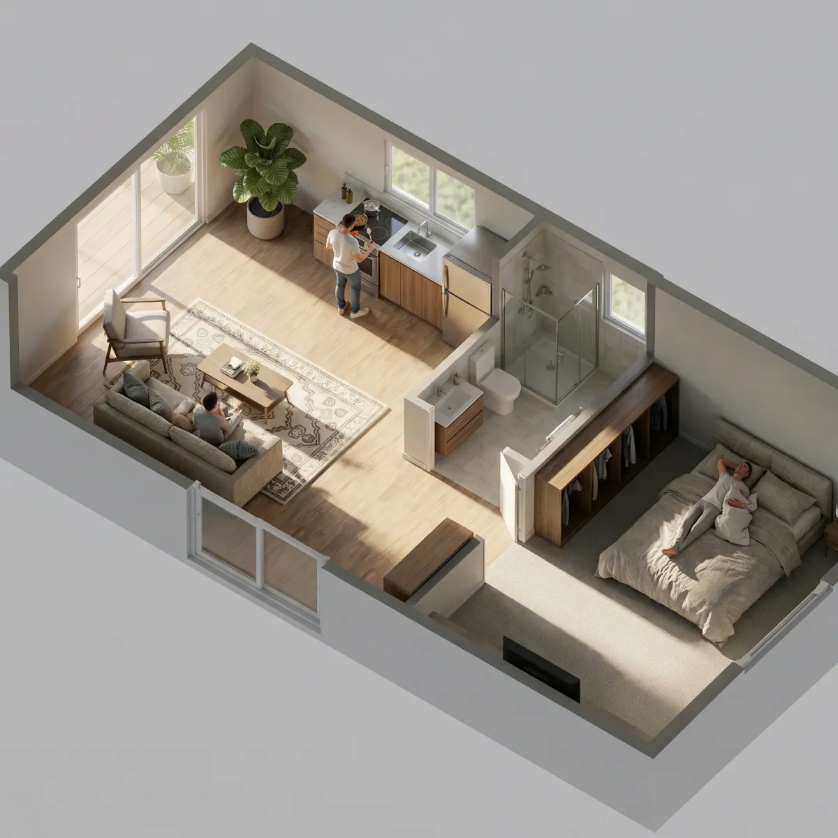 3D birds eye view of The One Bed 45m² dwelling — click to enlarge