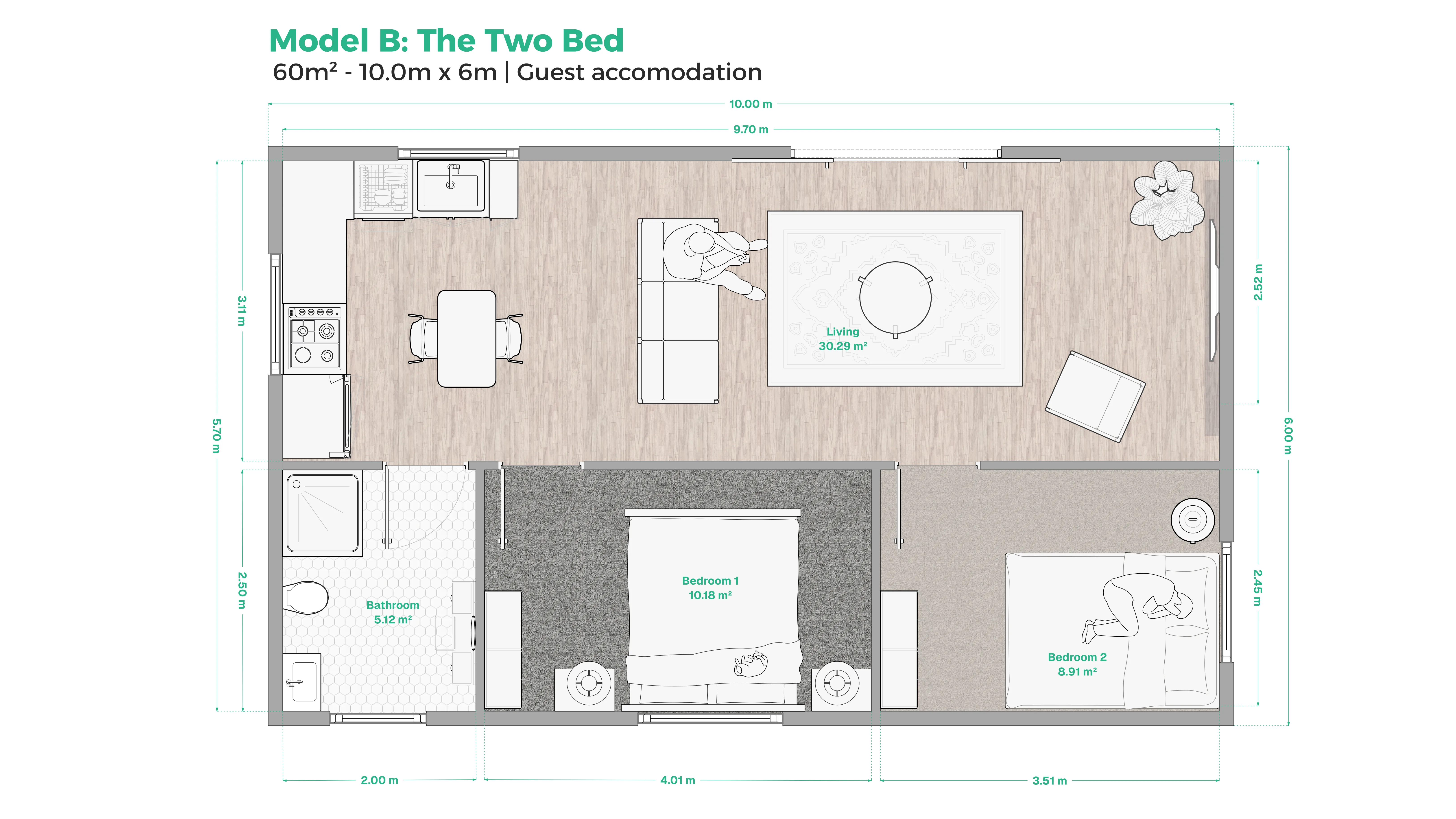 Floor plan for The Two-Bedroom 60m² dwelling