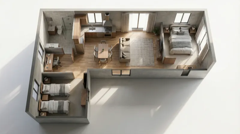 3D view of the L Shape Two Beds Plus Study Nook 70m² dwelling — click to enlarge