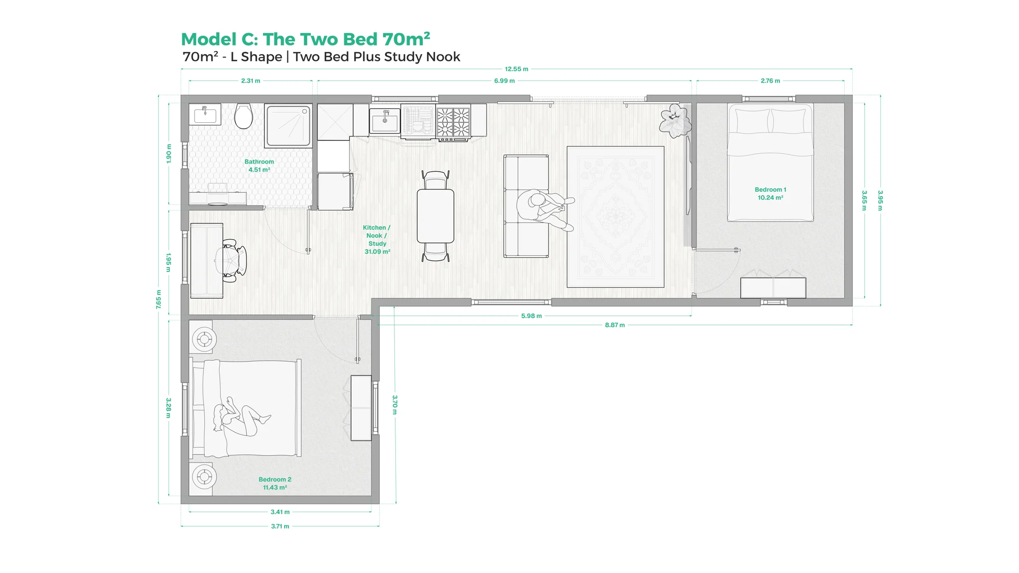 Floor plan for the L Shape Two Beds Plus Study Nook 70m² dwelling