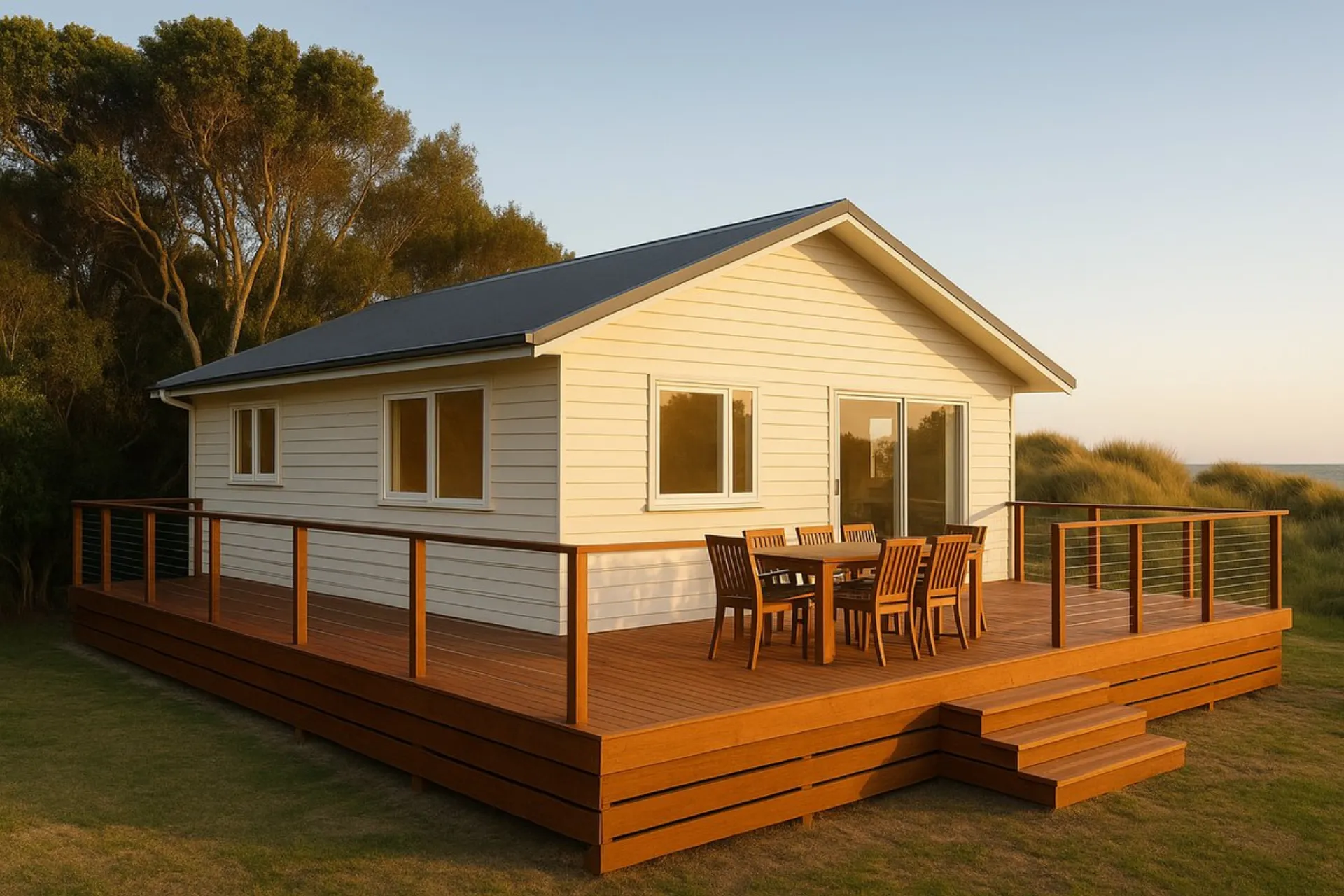 A wraparound timber deck on a coastal home at Raumati Beach