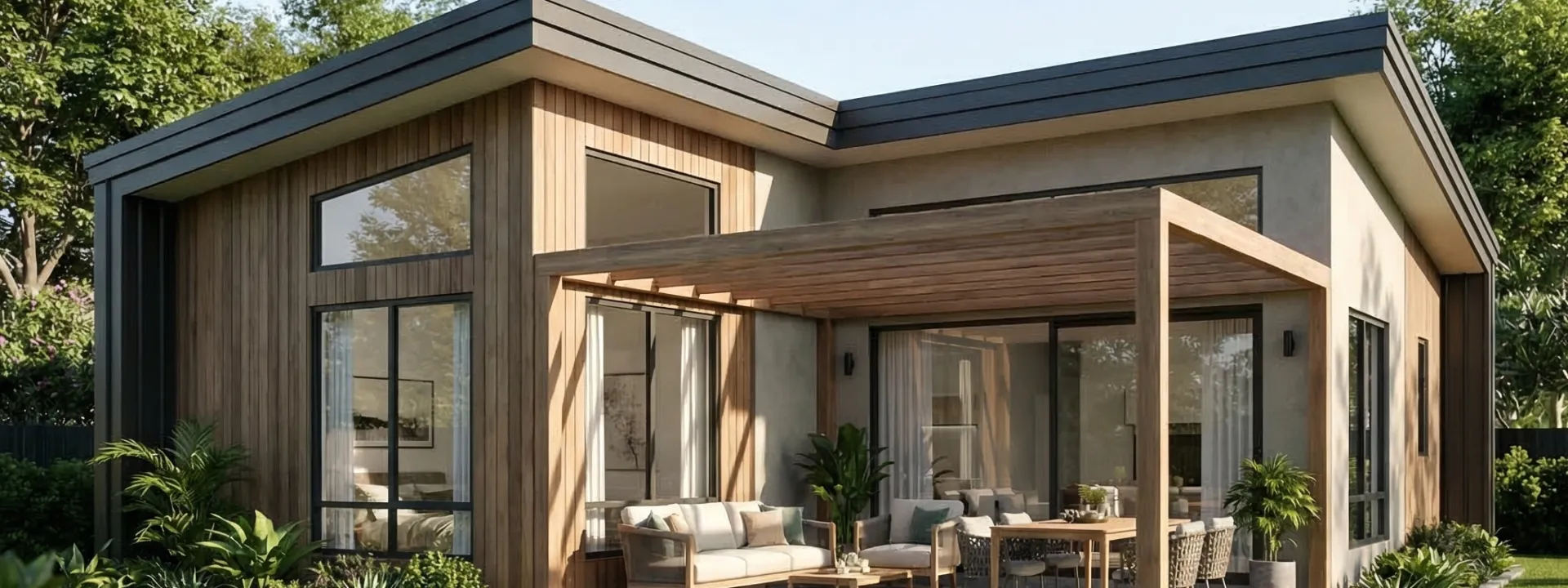 Modern two-bedroom 70m² dwelling exterior with cedar cladding and timber deck